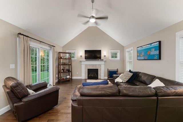 11 Winslow Way, Swansea, MA 02777 - living area with ceiling fan, dark wood-type flooring, a fireplace, lofted ceiling, and baseboards