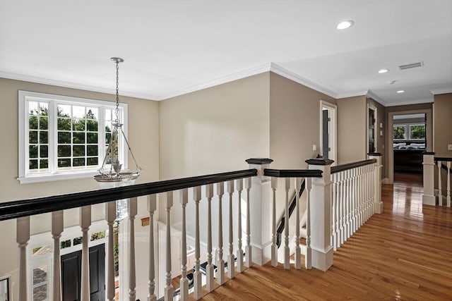 5 Carolina Way, Boxford, MA 01921 - hallway featuring an upstairs landing, wood finished floors, recessed lighting, crown molding, and a chandelier