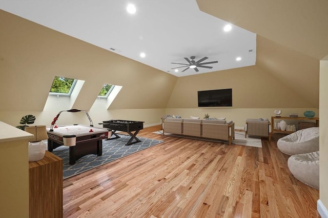 5 Carolina Way, Boxford, MA 01921 - living room with light wood-style flooring, a skylight, recessed lighting, vaulted ceiling, and a ceiling fan