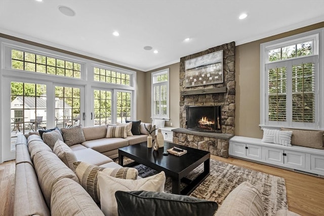 5 Carolina Way, Boxford, MA 01921 - living area featuring ornamental molding, a fireplace, light wood-type flooring, and recessed lighting