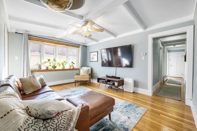 living room featuring ceiling fan, lofted ceiling with beams, and hardwood / wood-style flooring