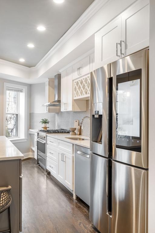 kitchen with stainless steel appliances, sink, wall chimney range hood, dark hardwood / wood-style floors, and white cabinetry