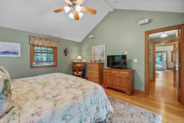 236 Ridge Ave, Otis, MA 01253 - bedroom with light wood-style floors, beam ceiling, high vaulted ceiling, baseboards, and ceiling fan