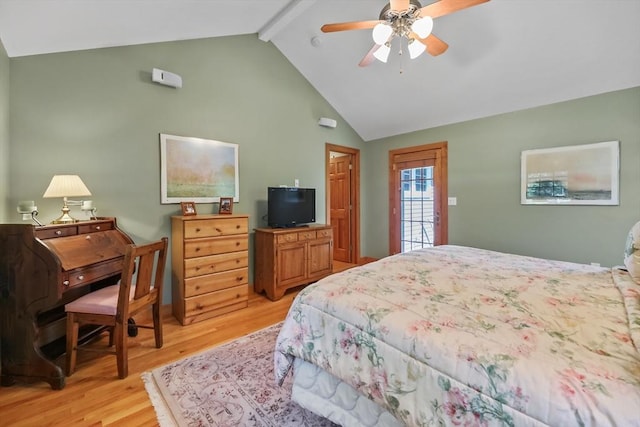 236 Ridge Ave, Otis, MA 01253 - bedroom with light wood finished floors, beam ceiling, access to exterior, high vaulted ceiling, and a ceiling fan
