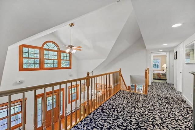 236 Ridge Ave, Otis, MA 01253 - hallway with plenty of natural light, carpet flooring, high vaulted ceiling, and recessed lighting