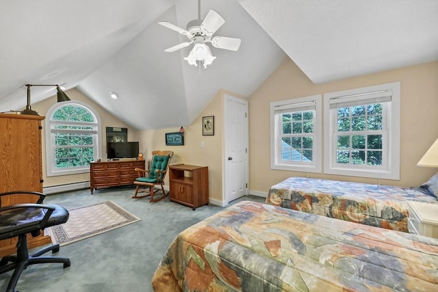 236 Ridge Ave, Otis, MA 01253 - carpeted bedroom with a baseboard radiator, vaulted ceiling, baseboards, a desk, and ceiling fan