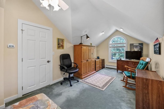 236 Ridge Ave, Otis, MA 01253 - carpeted office space with a baseboard heating unit, vaulted ceiling, ceiling fan, and baseboards