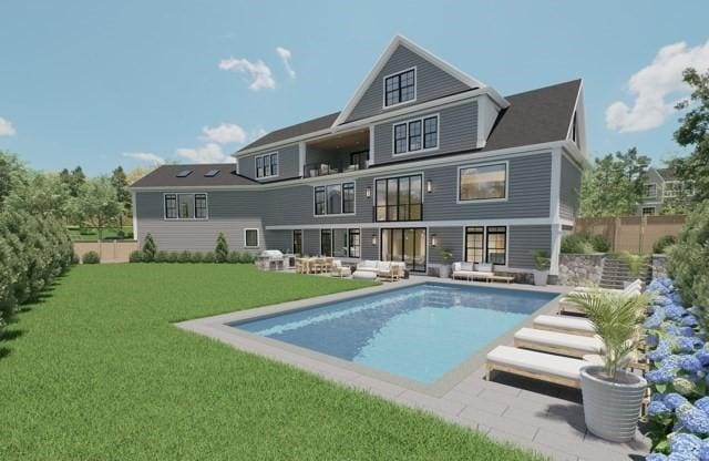 rear view of property with a lawn, fence, an outdoor living space, and an outdoor pool