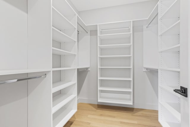 walk in closet with light hardwood / wood-style floors