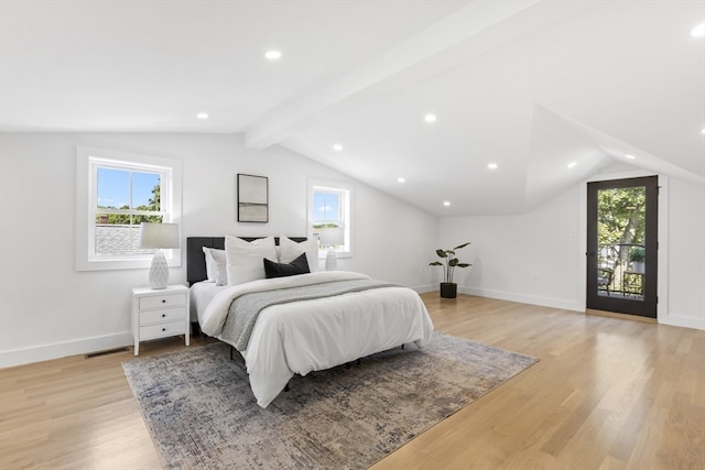 bedroom with access to exterior, light hardwood / wood-style flooring, and lofted ceiling with beams