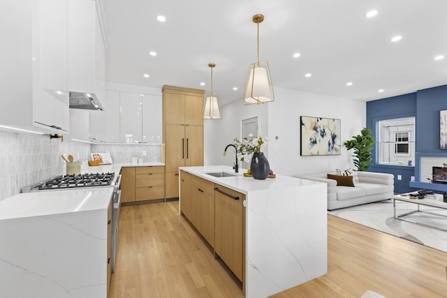 kitchen with decorative light fixtures, a large island with sink, sink, light hardwood / wood-style floors, and white cabinets