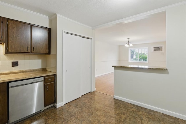 21 Central Ave Unit 30, Everett, MA 02149 - kitchen with dishwasher, dark brown cabinetry, crown molding, decorative backsplash, and light countertops