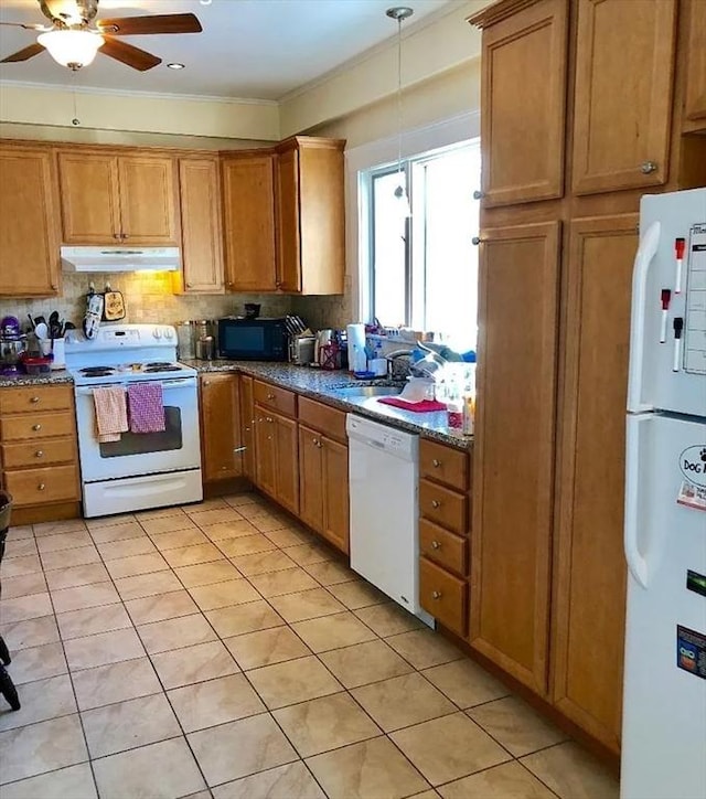 562 Main, Medford, MA 02155 - kitchen with white appliances, under cabinet range hood, light tile patterned flooring, ceiling fan, and tasteful backsplash