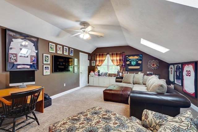43 Old Concord Rd, Lincoln, MA 01773 - carpeted living room featuring baseboards, vaulted ceiling, ceiling fan, a skylight, and an office area