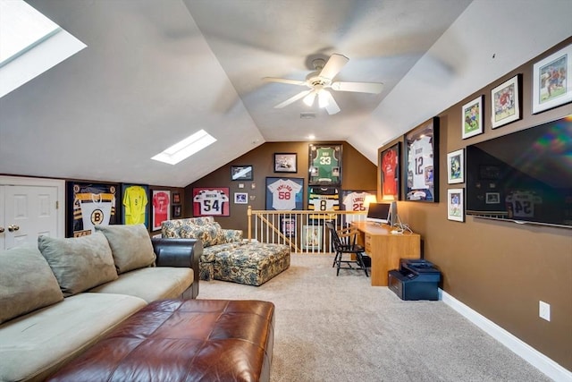 43 Old Concord Rd, Lincoln, MA 01773 - carpeted office space featuring a skylight, ceiling fan, vaulted ceiling, and baseboards