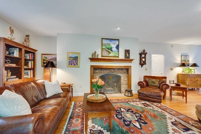 43 Old Concord Rd, Lincoln, MA 01773 - living room with wood finished floors, a fireplace, and recessed lighting