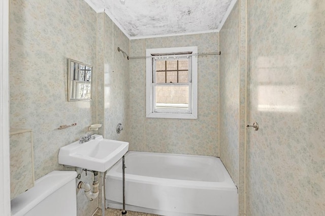 bathroom featuring toilet, sink, ornamental molding, and a bathtub