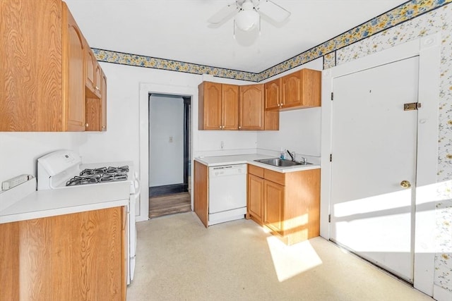 kitchen with white appliances, ceiling fan, and sink