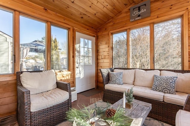 sunroom / solarium with vaulted ceiling and wood ceiling