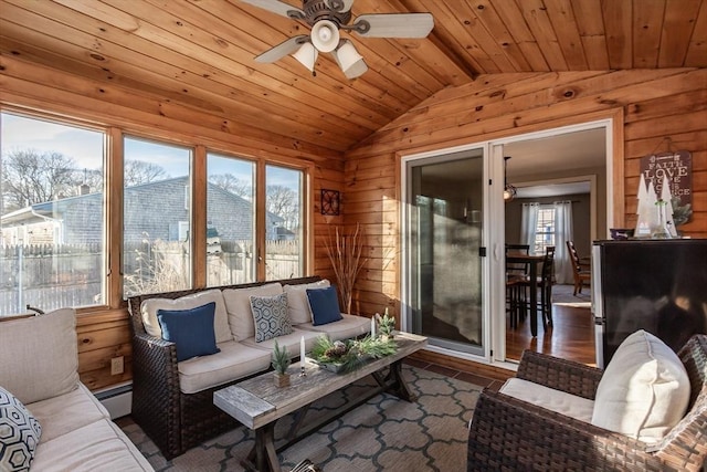 living room featuring wooden walls, dark wood finished floors, lofted ceiling, wooden ceiling, and a baseboard heating unit