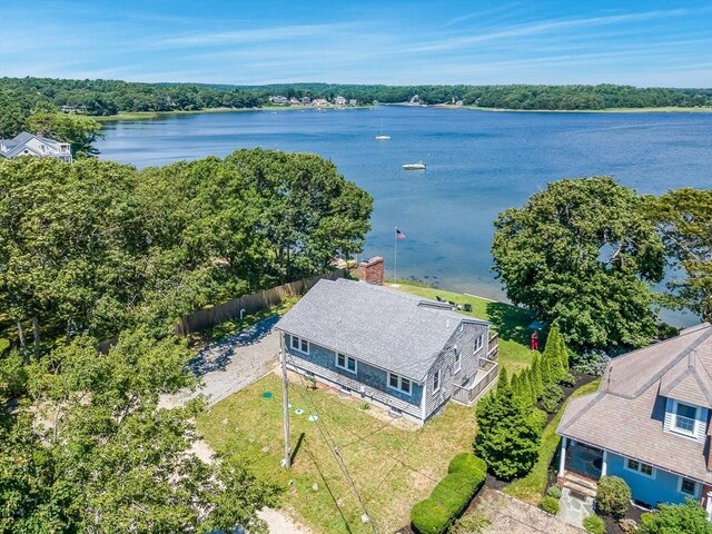 drone / aerial view with a water view