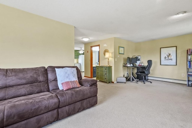 34 S Riverview St, Haverhill, MA 01835 - living area featuring an office area, baseboard heating, carpet, baseboards, and a ceiling fan