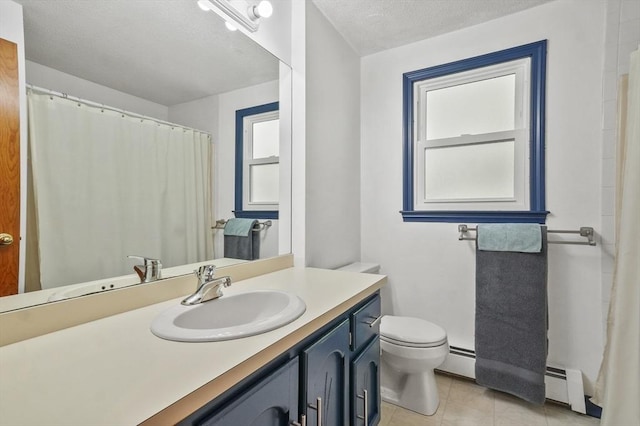 34 S Riverview St, Haverhill, MA 01835 - bathroom featuring healthy amount of natural light, vanity, toilet, a baseboard radiator, and a textured ceiling