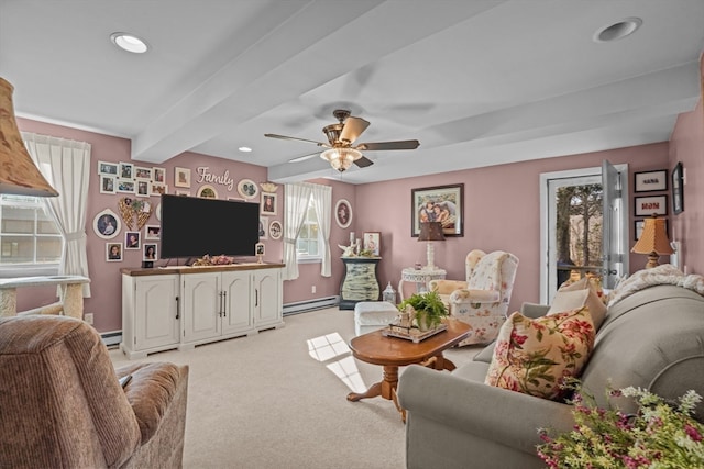 carpeted living room featuring ceiling fan, plenty of natural light, a baseboard heating unit, and beam ceiling