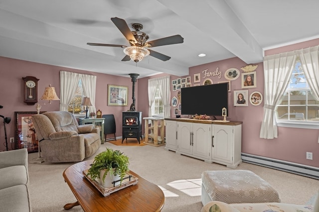 carpeted living room with a wood stove, baseboard heating, ceiling fan, and beam ceiling