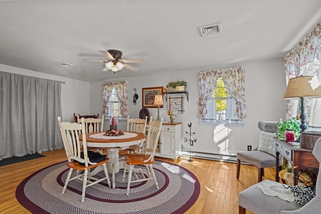 dining room featuring hardwood / wood-style flooring, ceiling fan, and a baseboard heating unit