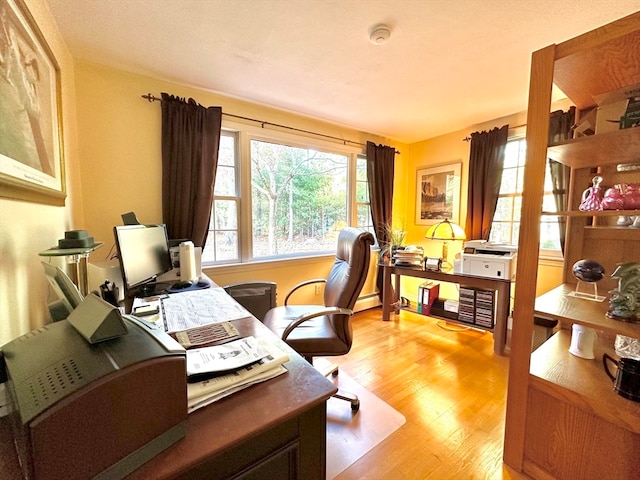 home office with light hardwood / wood-style floors