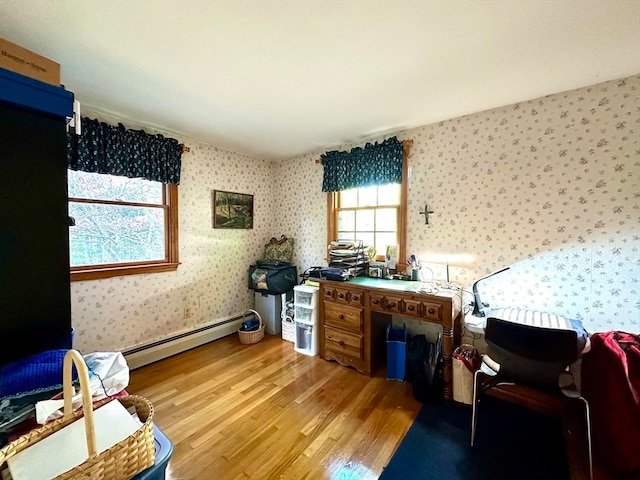 home office featuring light hardwood / wood-style flooring and a baseboard radiator