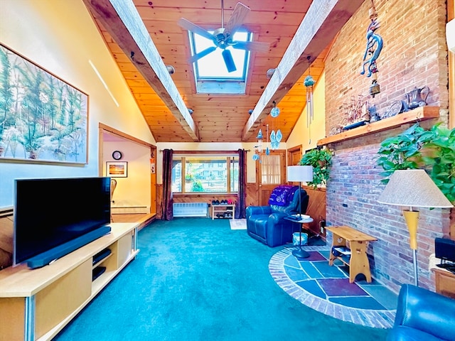 living room featuring beam ceiling, a skylight, ceiling fan, carpet flooring, and wooden ceiling