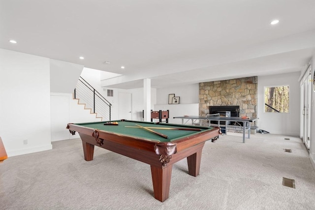 game room with light carpet, billiards table, recessed lighting, a fireplace, and baseboards