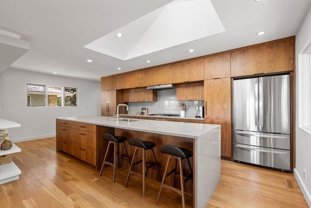 kitchen with appliances with stainless steel finishes, a skylight, a sink, recessed lighting, and light countertops