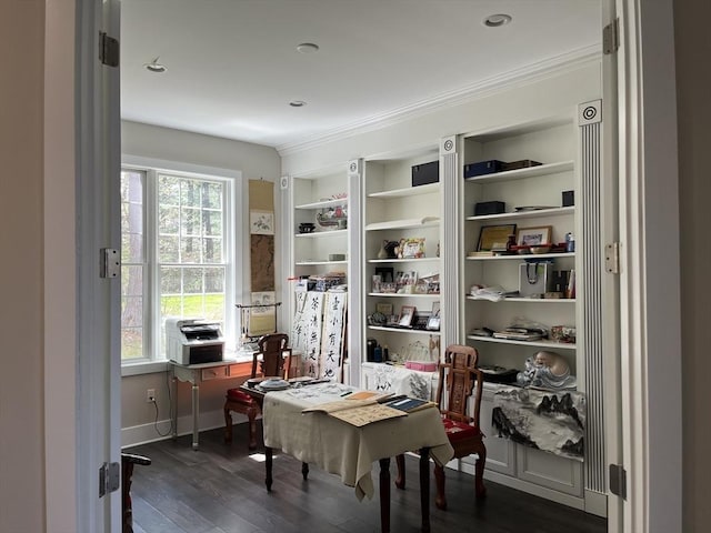 office featuring healthy amount of natural light, dark wood finished floors, ornamental molding, baseboards, and recessed lighting