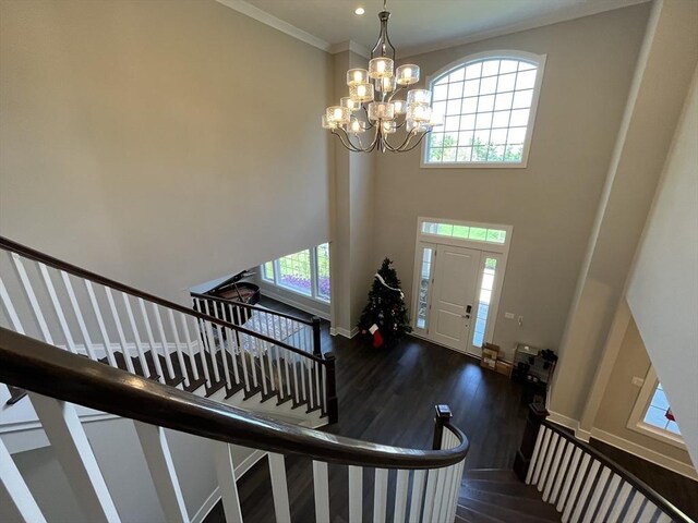 entrance foyer featuring plenty of natural light, wood finished floors, a chandelier, crown molding, and a high ceiling