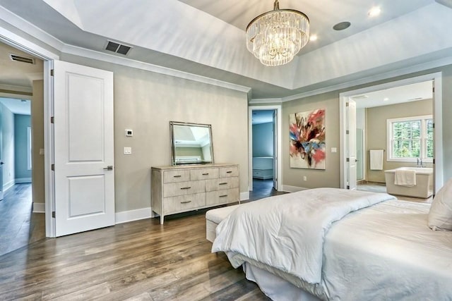bedroom with a chandelier, dark wood finished floors, baseboards, crown molding, and recessed lighting