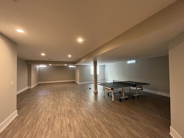 playroom featuring dark wood finished floors, baseboards, and recessed lighting