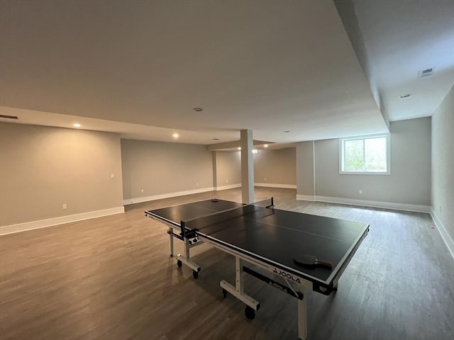 game room with wood finished floors, baseboards, and recessed lighting