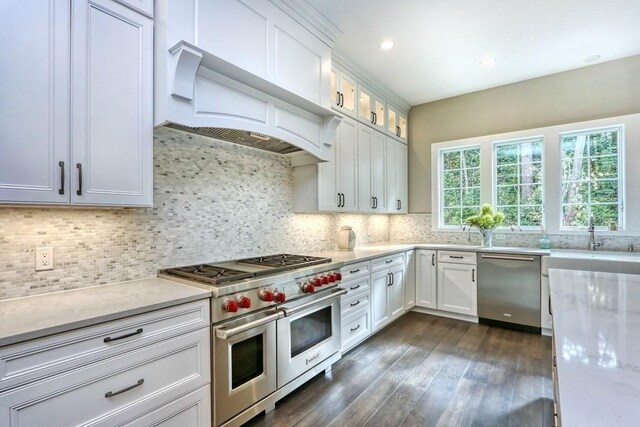kitchen featuring stainless steel appliances, custom exhaust hood, dark wood-style flooring, white cabinetry, and light stone counters