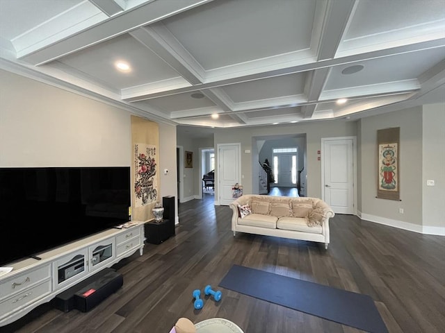 living area with baseboards, dark wood finished floors, coffered ceiling, beam ceiling, and recessed lighting
