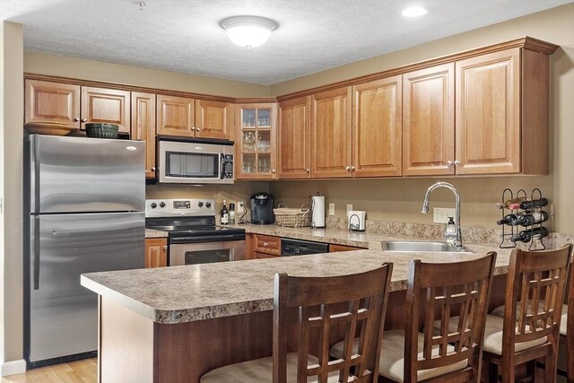 108 Green Briar Rd Unit 108, Fitchburg, MA 01420 - kitchen featuring stainless steel appliances, a sink, a peninsula, light countertops, and glass insert cabinets