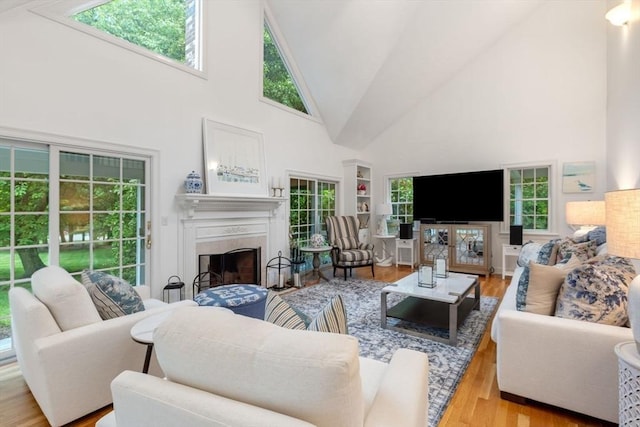 11 Forest Ln Unit 11, Scituate, MA 02066 - living area featuring high vaulted ceiling, a fireplace, and wood finished floors