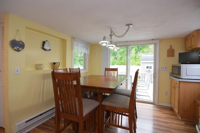 dining room featuring a baseboard radiator, light wood-type flooring, and a chandelier