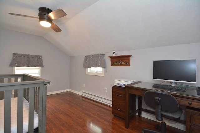 office featuring a baseboard radiator, lofted ceiling, dark wood-type flooring, ceiling fan, and baseboards