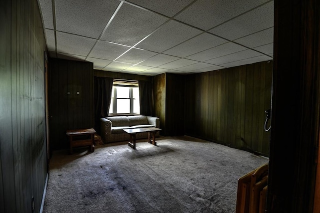 405 Warren St, Fall River, MA 02721 - sitting room featuring carpet, wooden walls, and a drop ceiling