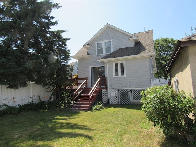 49 Vassall St, Quincy, MA 02170 - back of house with a shingled roof, a wooden deck, and stairway