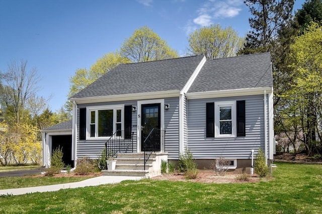 8 Lee Rd, Sharon, MA 02067 - bungalow-style house with a front lawn, a garage, and roof with shingles