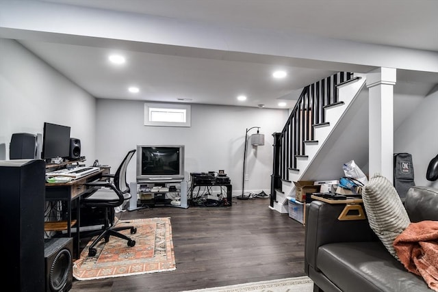 8 Lee Rd, Sharon, MA 02067 - office area featuring dark wood-style flooring, recessed lighting, and baseboards